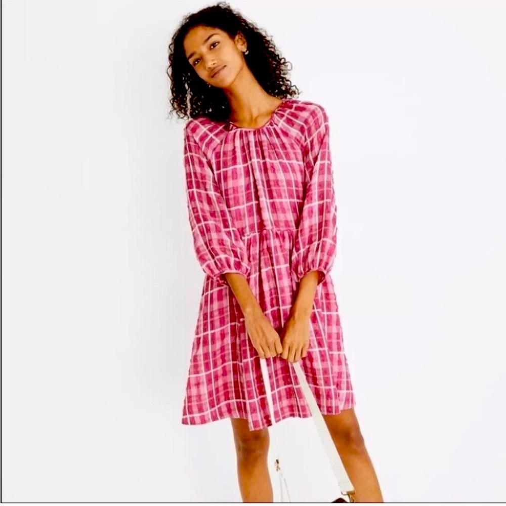 4. Madewell pink plaid seersucker babydoll mini EUC